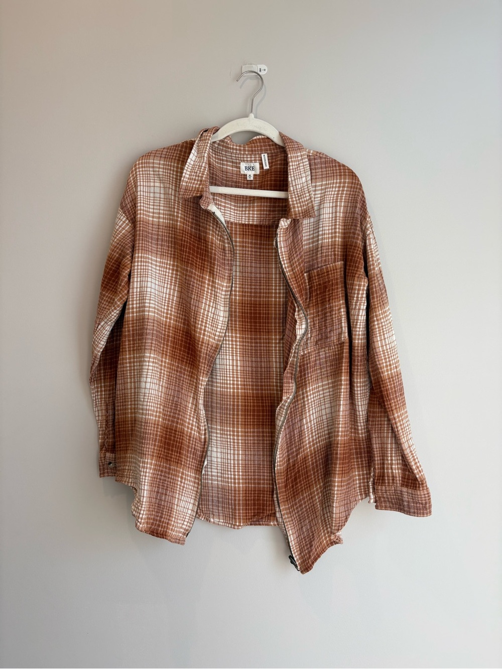 BKE Brown Plaid Flannel Zip-Up Boyfriend Shirt
